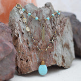 Boho Necklace with Turquoise and Citrine Stones and Feather Charm