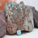 Boho Necklace with Turquoise and Citrine Stones and Feather Charm