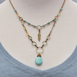 Boho Necklace with Turquoise and Citrine Stones and Feather Charm