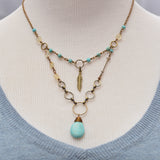 Boho Necklace with Turquoise and Citrine Stones and Feather Charm