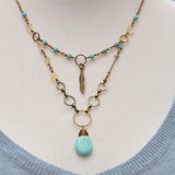 Boho Necklace with Turquoise and Citrine Stones and Feather Charm