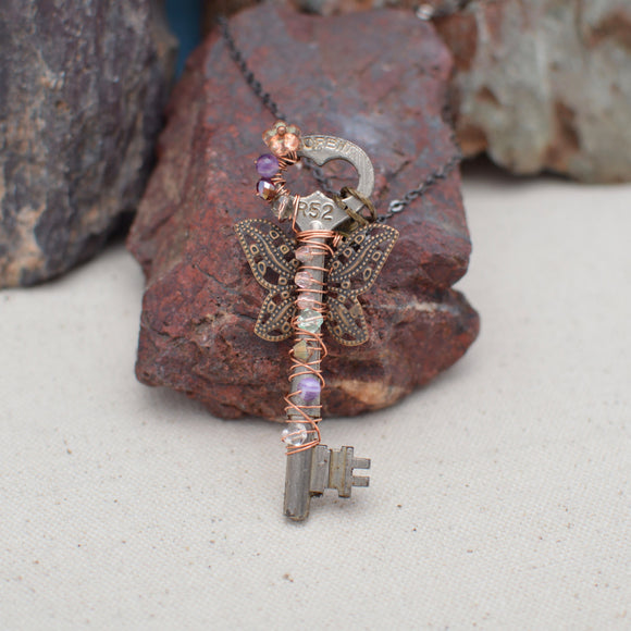 Wire Wrapped Vintage Skeleton Key Pendant Necklace