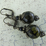 Dragon's Vein Agate Black Onyx and Antiqued Brass Earrings