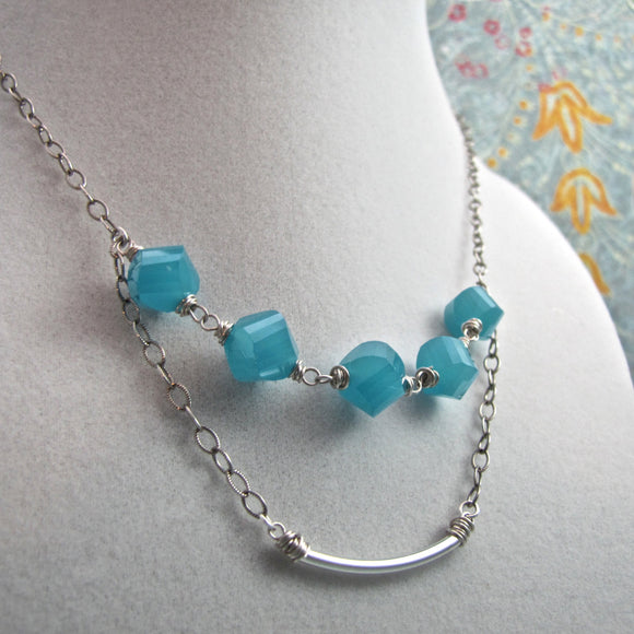 Sterling Silver Double Strand Necklace with Aquamarine Czech Glass Beads