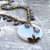 Round Opalite Pendant with Purple Czech Glass Star Beads One of a Kind Statement Necklace