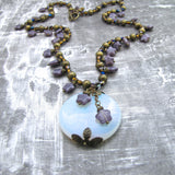 Round Opalite Pendant with Purple Czech Glass Star Beads One of a Kind Statement Necklace