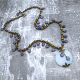 Round Opalite Pendant with Purple Czech Glass Star Beads One of a Kind Statement Necklace