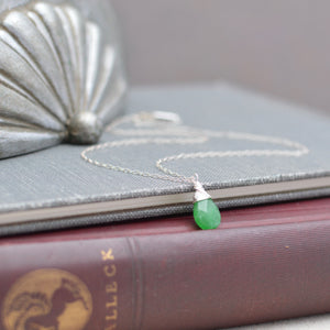 Green Aventurine Faceted Teardrop Pendant on Silver Chain Necklace