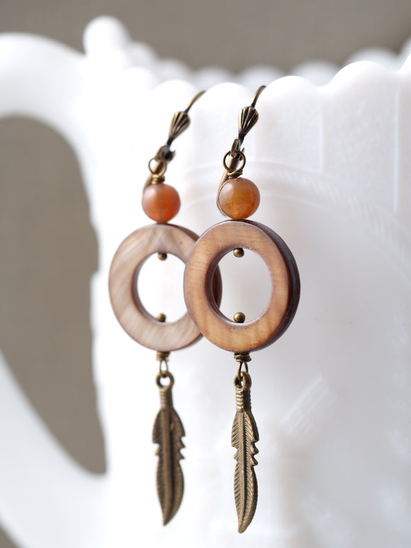 Tiger's Eye Shell Hoop Earrings With Feathers