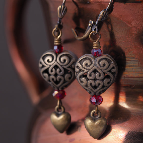 Antiqued Brass Filigree Heart Earrings