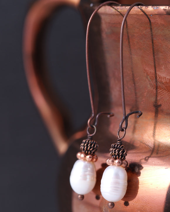 Antiqued Copper and Natural Freshwater Pearl Earrings