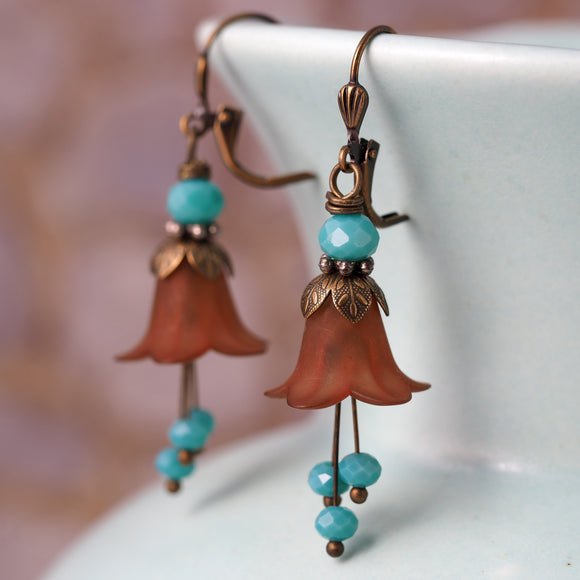 Brown & Turquoise Day Lily Flower Earrings