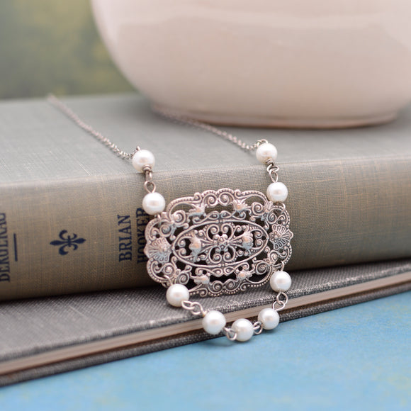 Silver Filigree Medallion and Pearl Necklace