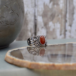 Sterling Silver Carnelian Ring with Floral Band