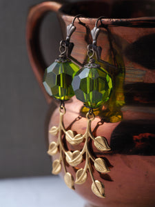 Vintage Green Acrylic Bead Earrings with Gold Leafy Branch Dangles
