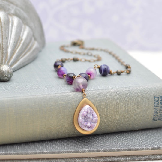 Banded Agate and Amethyst Druzy Pendant Necklace