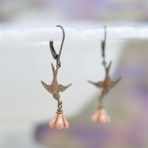 Bird Earrings Sparrows with Opaque Rose Gold Topaz Czech Glass Flower Beads