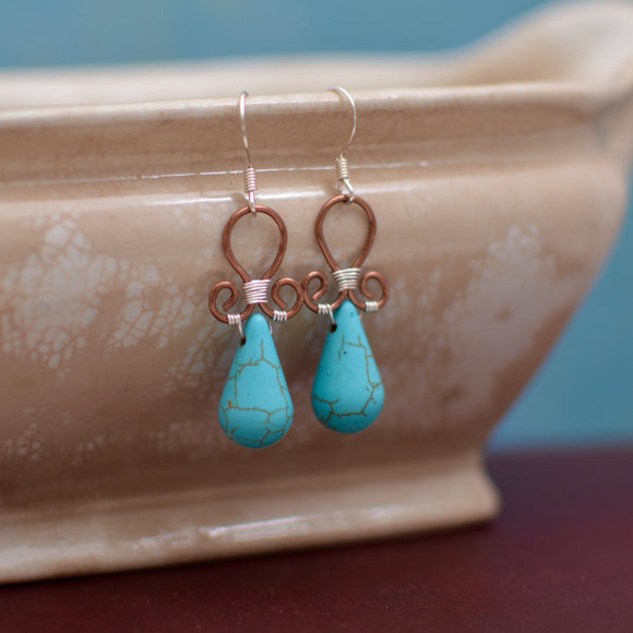 Wire Wrapped Reconstituted Turquoise Teardrop Earrings