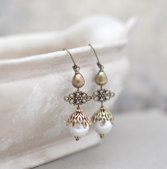 Antiqued Gold and Pearl Earrings