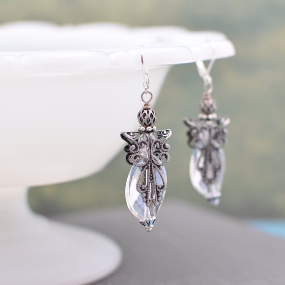 Silver Filigree and Crystal Angel Earrings
