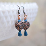 Antiqued Copper Filigree Heart Earrings
