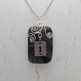 Black and Grey Marble Pendant Necklace with Vintage Lock Charm