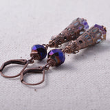Antiqued Copper Filigree and Amethyst Iris Glass Earrings
