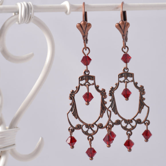 Art Deco Aged Copper Filigree Chandelier Earrings