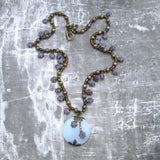 Round Opalite Pendant with Purple Czech Glass Star Beads One of a Kind Statement Necklace