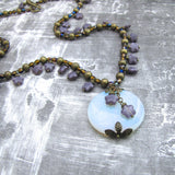 Round Opalite Pendant with Purple Czech Glass Star Beads One of a Kind Statement Necklace
