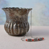 Silver Bar Necklace with Three Tubular Rice Beads and Red Swarovski Crystals