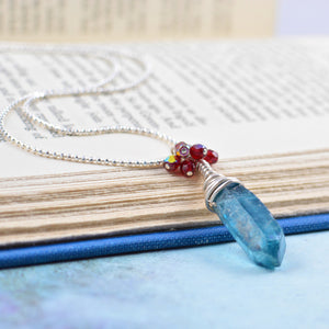Rough Cut Blue Aura Quartz Crystal and Red Czech Glass Silver Necklace