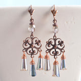 Aged Copper Filigree Art Deco Chandelier Earrings