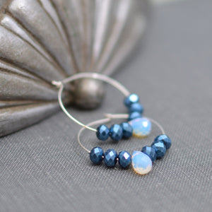 Silver Hoop Earrings with Faceted Metallic Chinese Crystal Beads and Opalite Teardrop Beads