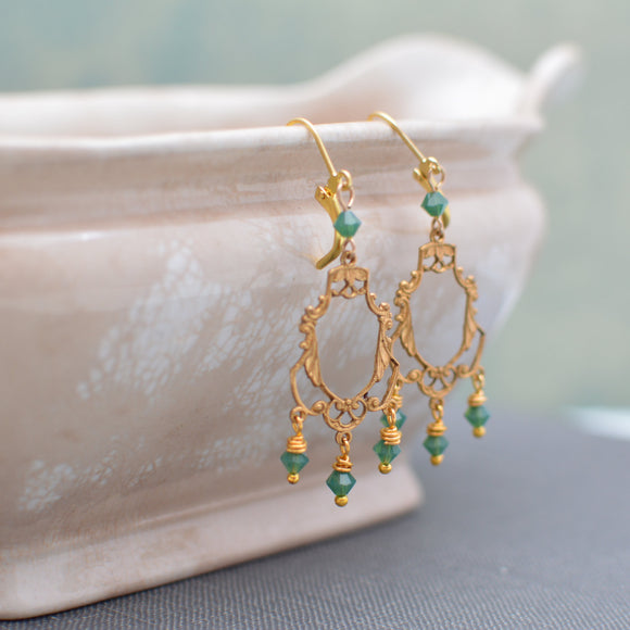 Gold Art Deco Filigree Chandelier Earrings With Palace Green Opal Swarovski Crystals