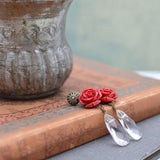 Red Rose Earrings with Teardrop Bead