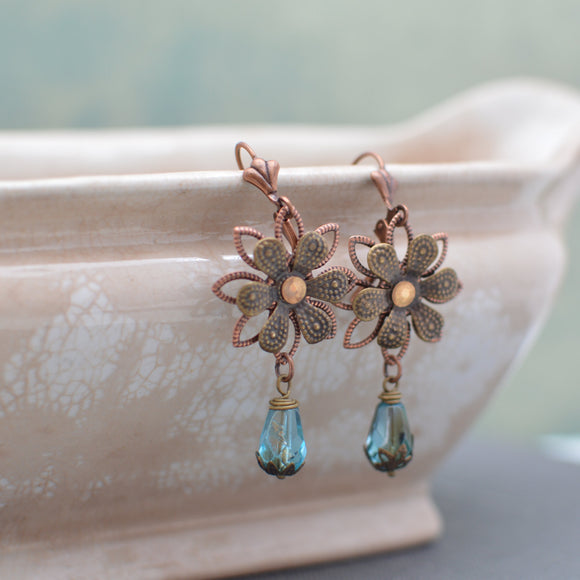 Antiqued Brass Flower Earrings