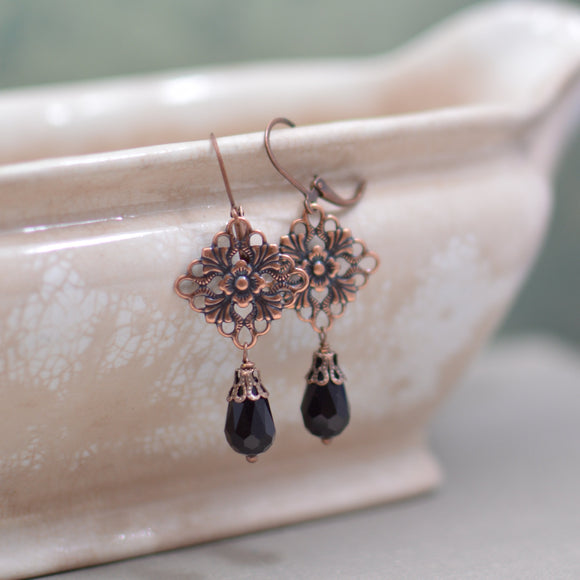Antiques Copper Art Nouveau Chandelier Earrings with Black Teardrops