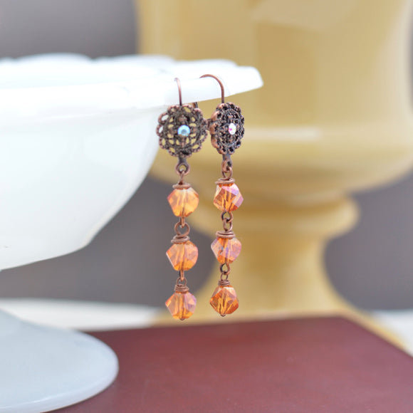 Antiqued Copper Filigree and Crystal Triple Tiered Dangle Earrings