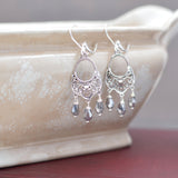 Silver Star Filigree Chandelier Earrings with Silver Crystal Teardrops